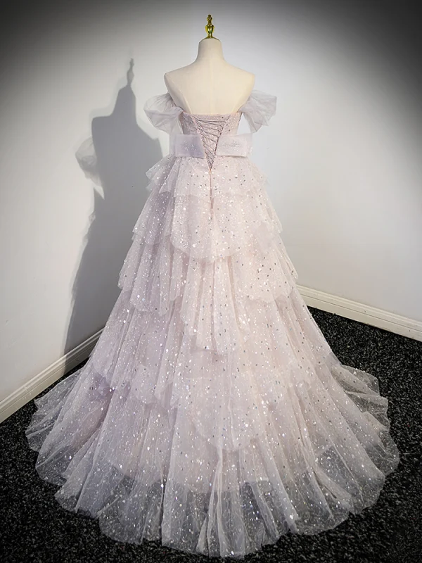 Glitzernden Charmant Lavendel Perlenstickerei Pailletten Fallende Rüsche Ballkleider 2023 A Linie Off Shoulder Ärmellos Rückenfreies Lange Ball Festliche Kleider