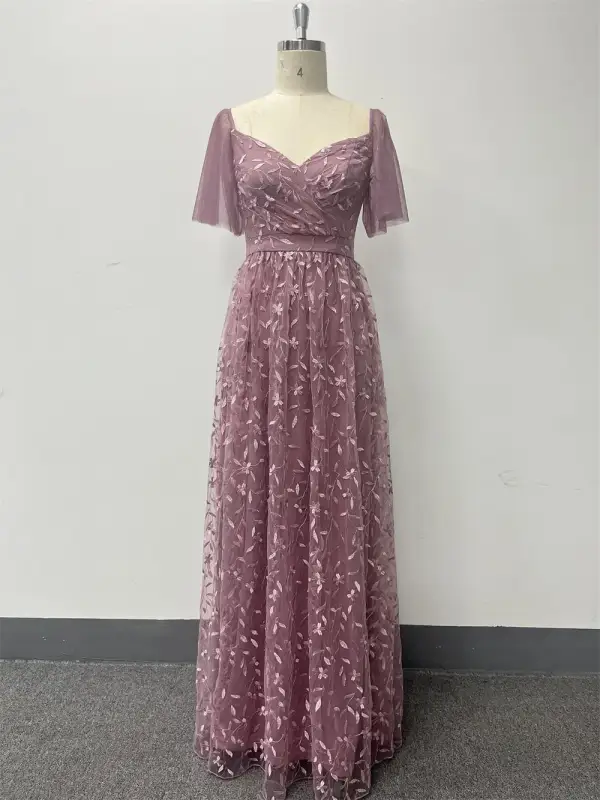 Elegant Blushing Pink Lace Flower Prom Dresses 2024 A-Line / Princess Square Neckline Short Sleeve Backless Floor-Length / Long Prom Formal Dresses