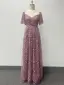 Elegant Blushing Pink Lace Flower Prom Dresses 2024 A-Line / Princess Square Neckline Short Sleeve Backless Floor-Length / Long Prom Formal Dresses