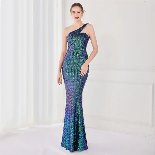 Sparkly Beige Sequins Evening Dresses 2022 A-Line / Princess One-Shoulder Sleeveless Backless Floor-Length / Long Evening Party Formal Dresses