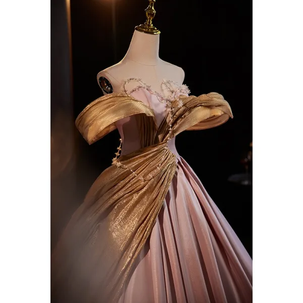 Fashion Blushing Pink Beading Prom Dresses 2024 Ball Gown Off-The-Shoulder Sleeveless Backless Floor-Length / Long Prom Formal Dresses