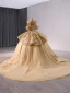 Luxury / Gorgeous Sparkly Gold Glitter Sequins Pearl Lace Flower Prom Dresses 2024 Ball Gown Off-The-Shoulder Short Sleeve Backless Chapel Train