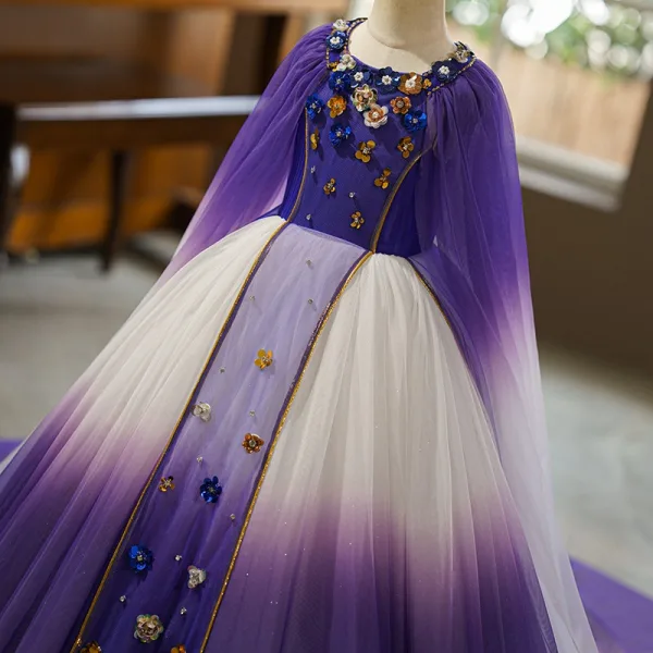 Vintage Violett Perle Pailletten Geburtstag Mit Umhang Blumenmädchenkleider 2025 Ballkleid Rundhalsausschnitt Kurze Ärmel Rückenfreies Lange