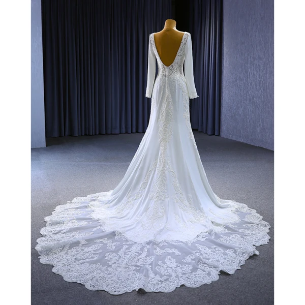 High-end White Beading Lace Flower Wedding Dresses 2023 Trumpet / Mermaid Scoop Neck Long Sleeve Backless Chapel Train Wedding