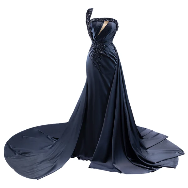 Haut de Gamme Charmant Noire Fait main Perlage Paillettes Robe De Soirée 2022 Trompette / Sirène Une épaule Sans Manches Dos Nu Chapel Train Soirée Robe De Ceremonie