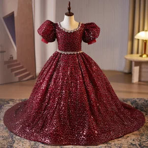 Sparkly Burgundy Beading Pearl Rhinestone Sequins Birthday Flower Girl Dresses 2024 Ball Gown Scoop Neck Short Sleeve Backless Floor Length Long