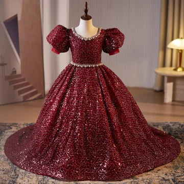 Scintillantes Bordeaux Perlage Perle Faux Diamant Paillettes Anniversaire Robe Ceremonie Fille 2024 Robe Boule Encolure Dégagée Manches Courtes Dos Nu Longue