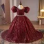 Scintillantes Bordeaux Perlage Perle Faux Diamant Paillettes Anniversaire Robe Ceremonie Fille 2024 Robe Boule Encolure Dégagée Manches Courtes Dos Nu Longue