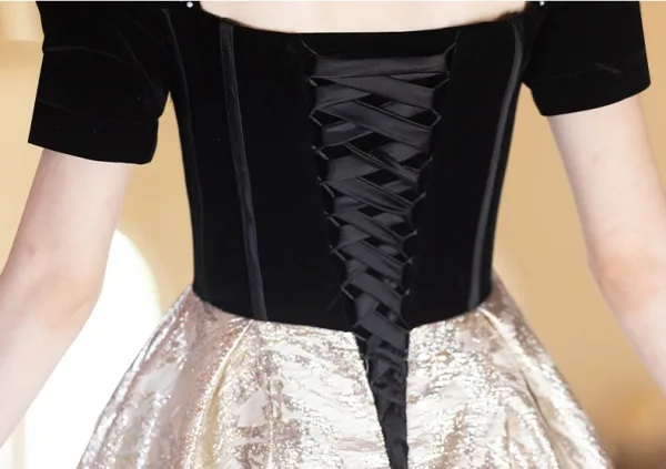 Charming Black Pearl Glitter Prom Dresses 2025 A-Line / Princess Square Neckline Short Sleeve Backless Floor-Length / Long Formal Dresses