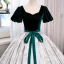 Elegant Dark Green Printing Prom Dresses 2023 Ball Gown Velvet Square Neckline Bow Sash Short Sleeve Backless Floor-Length / Long Prom Formal Dresses