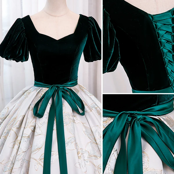 Elegant Dark Green Printing Prom Dresses 2023 Ball Gown Velvet Square Neckline Bow Sash Short Sleeve Backless Floor-Length / Long Prom Formal Dresses
