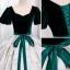 Elegant Dark Green Printing Prom Dresses 2023 Ball Gown Velvet Square Neckline Bow Sash Short Sleeve Backless Floor-Length / Long Prom Formal Dresses