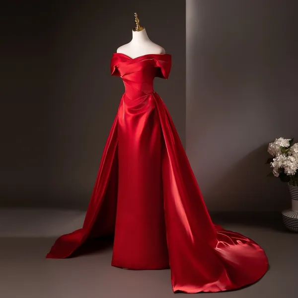 Modest / Simple Red Satin Prom Dresses 2025 Trumpet / Mermaid Off-The-Shoulder Short Sleeve Backless Sweep Train Formal Dresses