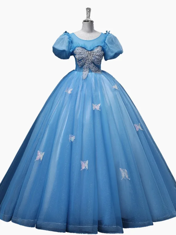 Chic / Beautiful Sky Blue Glitter Prom Dresses 2023 Ball Gown Scoop Neck Sequins Butterfly Beading Pearl Puffy Short Sleeve Backless Floor-Length / Long Prom