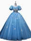 Chic / Beautiful Sky Blue Glitter Prom Dresses 2023 Ball Gown Scoop Neck Sequins Butterfly Beading Pearl Puffy Short Sleeve Backless Floor-Length / Long Prom