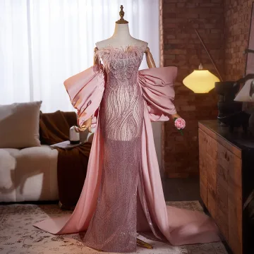 Śliczny Rumieniąc Różowy Cekiny Rhinestone Sukienki Na Bal 2024 Syrena Rozkloszowane Bez Ramiączek Kutas Kótkie Rękawy Bez Pleców Długie Bal Sukienki Wizytowe