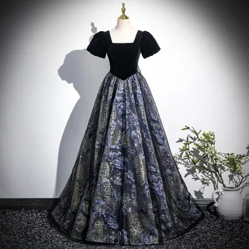 Vintage Retro Black Printing Prom Dresses 2025 A Line Princess Square Neckline Puffy Short Sleeve Backless Floor Length Long Formal Dresses