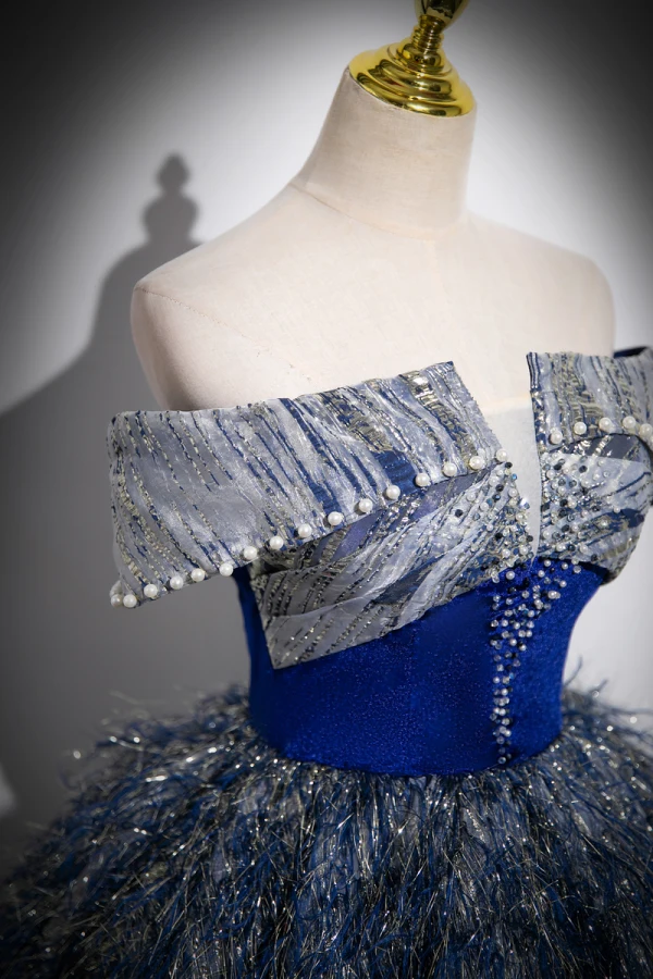 Vintage / Retro Bling Bling Navy Blue Beading Sequins Tassel Prom Dresses Ball Gown 2023 Off-The-Shoulder Sleeveless Backless Floor-Length / Long Prom Formal Dresses