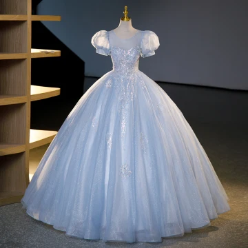 Chic Belle Bleu Ciel Perlage Paillettes Robe De Bal 2023 Robe Boule Encolure Dégagée Gonflée Manches Courtes Dos Nu Longue Promo Robe De Ceremonie