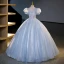 Chic / Beautiful Sky Blue Beading Sequins Prom Dresses 2023 Ball Gown Scoop Neck Puffy Short Sleeve Backless Floor-Length / Long Prom Formal Dresses