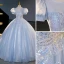 Chic / Beautiful Sky Blue Beading Sequins Prom Dresses 2023 Ball Gown Scoop Neck Puffy Short Sleeve Backless Floor-Length / Long Prom Formal Dresses
