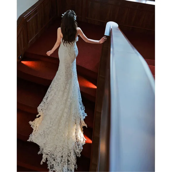 Charmant Ivoire Appliques En Dentelle Fleur Robe De Mariée 2022 Trompette / Sirène Bustier Sans Manches Dos Nu Longue Mariage