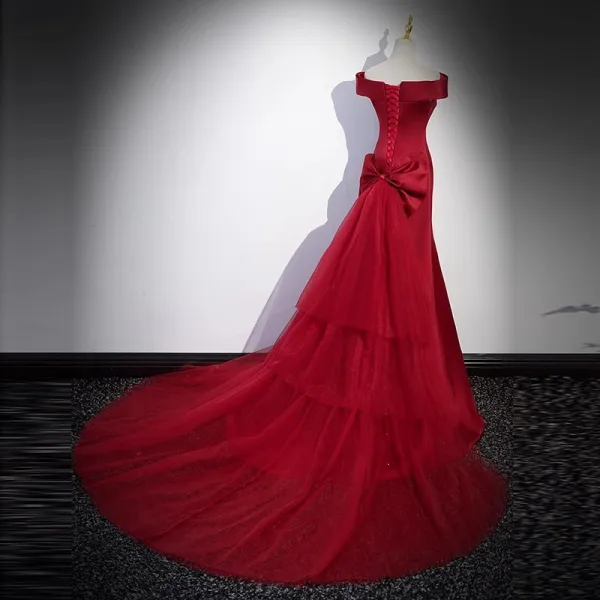 Vintage / Retro Burgundy Satin Evening Dresses 2023 Trumpet / Mermaid Off-The-Shoulder Short Sleeve Backless Bow Sweep Train Evening Party Formal Dresses