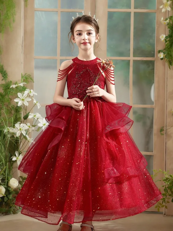 Chic / Beautiful Red Beading Sequins Cascading Ruffles Birthday Flower Girl Dresses 2025 Ball Gown Scoop Neck Sleeveless Floor-Length / Long