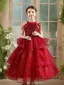 Chic / Beautiful Red Beading Sequins Cascading Ruffles Birthday Flower Girl Dresses 2025 Ball Gown Scoop Neck Sleeveless Floor-Length / Long