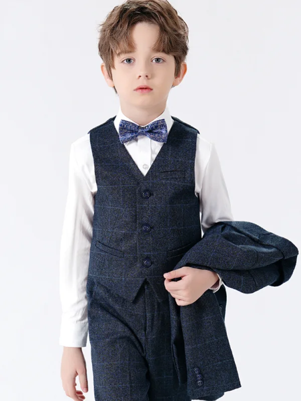 Modern / Fashion Navy Blue Long Sleeve 5-piece Boys Wedding Suits 2023 Wedding Coat Pants Shirt Tie Vest