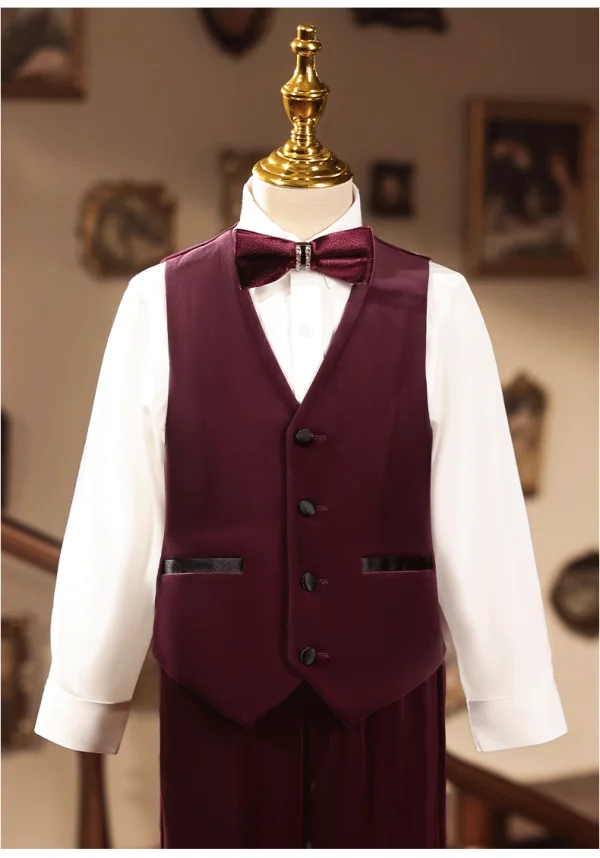 Classic Burgundy 5-piece Long Sleeve Boys Wedding Suits 2025 Coat Pants Shirt Tie Vest Wedding