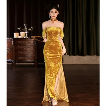 Chinese Style Gold Velvet Split Front Prom Dresses 2024 Trumpet Mermaid Off The Shoulder Sleeveless Backless Floor Length Long Prom Formal Dresses