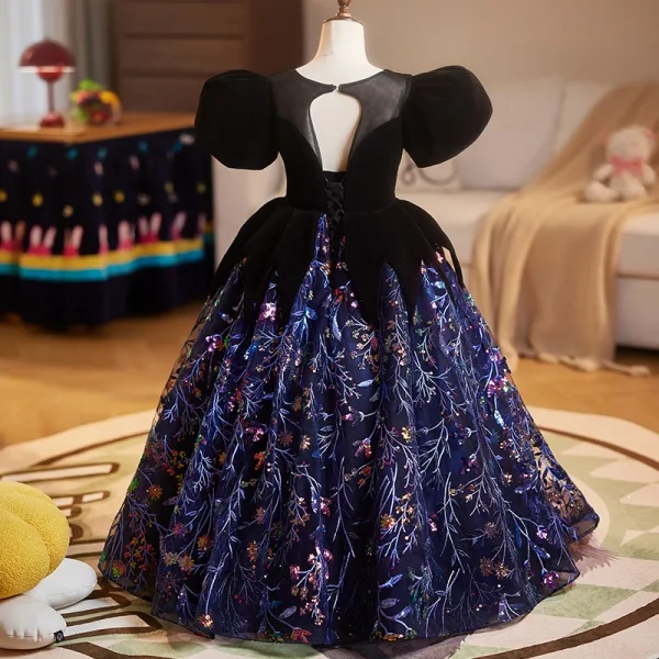Vintage / Retro Black Sequins Lace Flower Birthday Flower Girl Dresses 2025 Ball Gown Square Neckline Puffy Short Sleeve Backless Floor-Length / Long