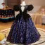 Vintage / Retro Black Sequins Lace Flower Birthday Flower Girl Dresses 2025 Ball Gown Square Neckline Puffy Short Sleeve Backless Floor-Length / Long