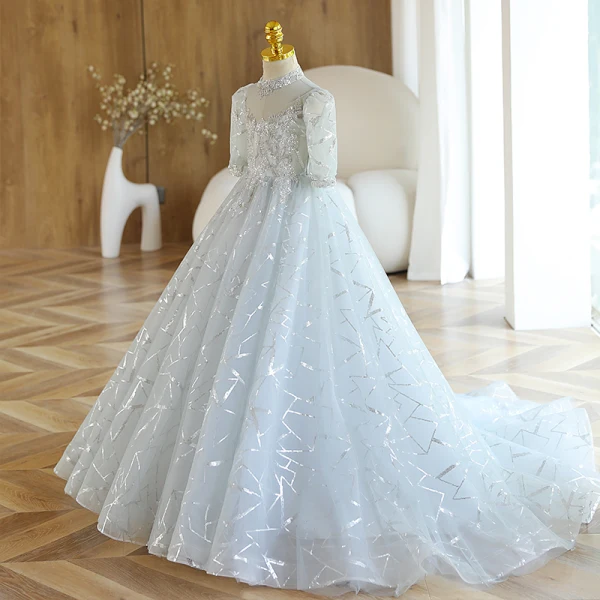Fashion Grey Sequins Lace Flower Birthday Flower Girl Dresses 2023 Ball Gown High Neck Short Sleeve Floor-Length / Long Flower Girl Dresses