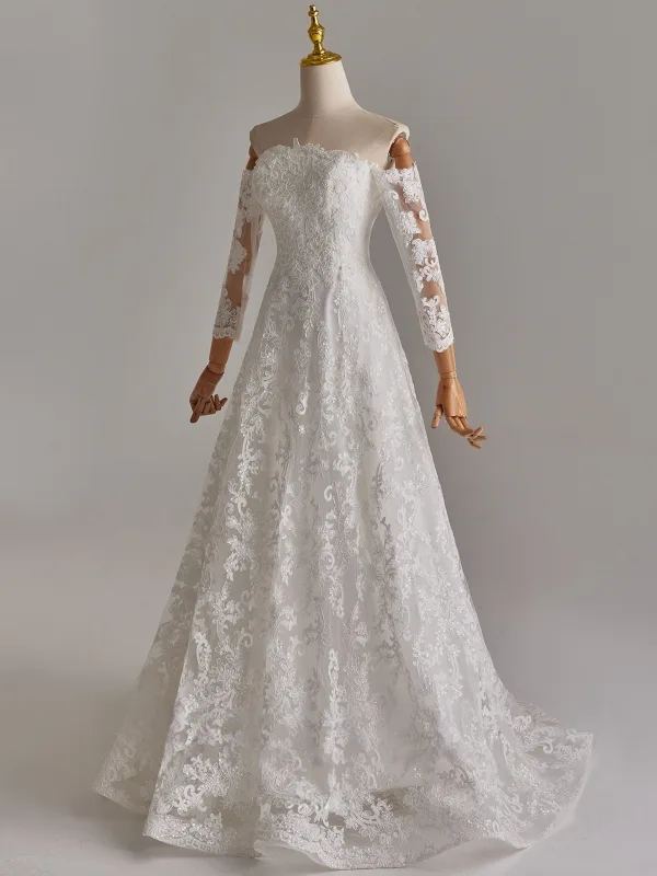 Schlicht Weiß Pailletten Spitze Blumen Brautkleider / Hochzeitskleider 2025 A Linie Off Shoulder Lange Ärmel Rückenfreies Sweep / Pinsel Zug Hochzeit