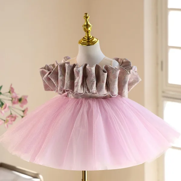 Schöne Rosa Rüschen Kurze Geburtstag Blumenmädchenkleider 2025 Ballkleid Rundhalsausschnitt Kurze Ärmel Tülle