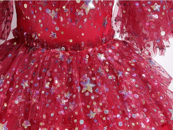 Charming Red Star Sequins Prom Dresses 2024 Ball Gown V-Neck Short Sleeve Backless Floor-Length / Long Prom Formal Dresses