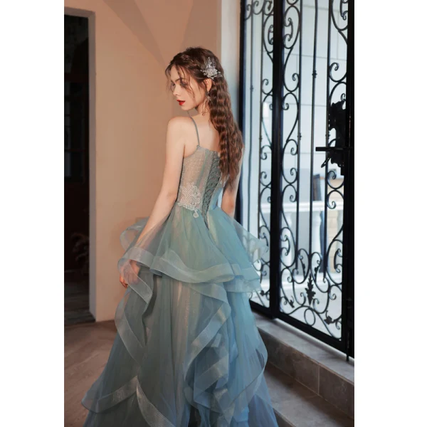 Chic / Beautiful Sage Green Cascading Ruffles Prom Dresses 2022 A-Line / Princess Organza Spaghetti Straps Lace Flower Sleeveless Backless Floor-Length / Long Prom Formal Dresses