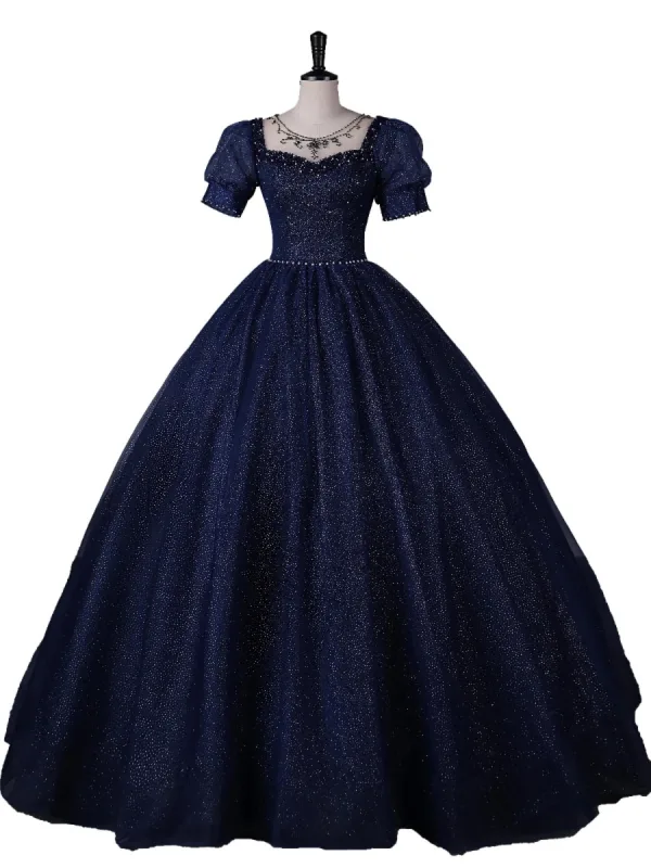 Vintage / Retro Navy Blue Beading Pearl Sequins Prom Dresses 2023 Ball Gown Square Neckline Short Sleeve Backless Floor-Length / Long Prom Formal Dresses