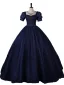 Vintage / Retro Navy Blue Beading Pearl Sequins Prom Dresses 2023 Ball Gown Square Neckline Short Sleeve Backless Floor-Length / Long Prom Formal Dresses