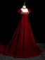 Elegant Burgundy Rhinestone Velvet Prom Dresses 2024 Ball Gown Square Neckline Short Sleeve Backless Sweep Train Prom Formal Dresses