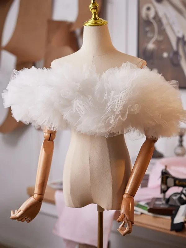 Modest / Simple White Handmade  Ruffle Evening Party Short Sleeve shawl 2025