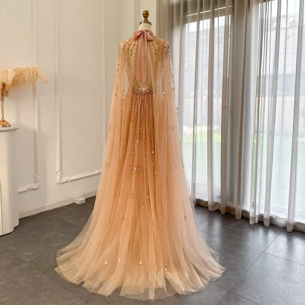 High-end Beige Handmade Beading Sequins Rhinestone Prom Dresses 2024 A-Line / Princess High Neck Sleeveless Floor-Length / Long Prom Formal Dresses