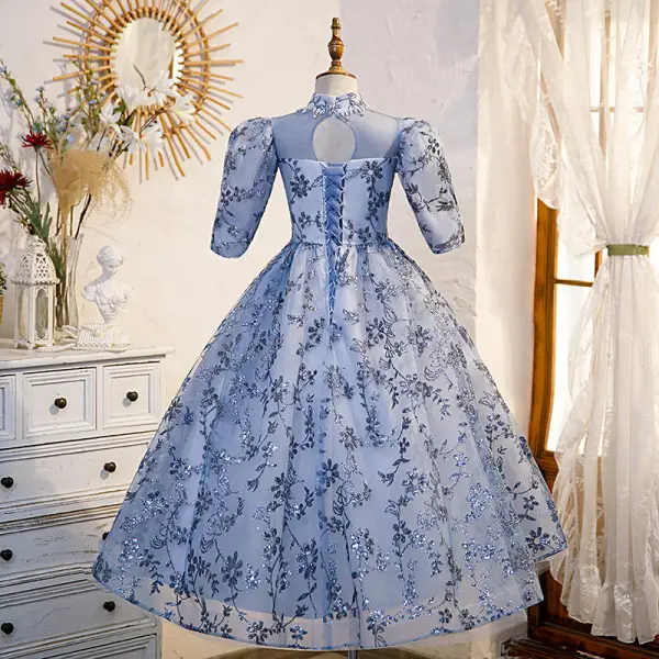 Chic / Beautiful Sky Blue Glitter Sequins Beading Rhinestone Lace Flower Birthday Flower Girl Dresses 2022 A-Line / Princess High Neck Short Sleeve Backless Floor-Length / Long Flower Girl Dresses