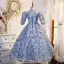 Chic / Beautiful Sky Blue Glitter Sequins Beading Rhinestone Lace Flower Birthday Flower Girl Dresses 2022 A-Line / Princess High Neck Short Sleeve Backless Floor-Length / Long Flower Girl Dresses