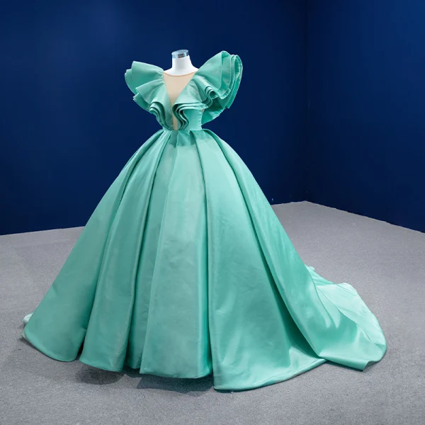 High-end Mint Green Prom Dresses 2022 Ball Gown Scoop Neck Puffy Short Sleeve Backless Chapel Train Formal Dresses