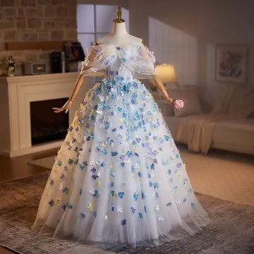 Fée Des Fleurs Bleu Ciel Appliques Robe De Bal 2025 Robe Boule De L Épaule Manches Courtes Dos Nu Longue Promo Robe De Ceremonie