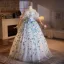 Flower Fairy Sky Blue Appliques Prom Dresses 2025 Ball Gown Off-The-Shoulder Short Sleeve Backless Floor-Length / Long Prom Formal Dresses
