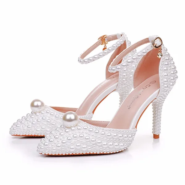 Elegant Beige Pearl Womens Shoes 2025 Ankle Strap 9 cm Stiletto Heels Wedding Pointed Toe High Heels Heels